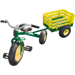 TRICYCLE WITH WOOD STAKE BED WAGON, GREEN/YELLOW COLOR