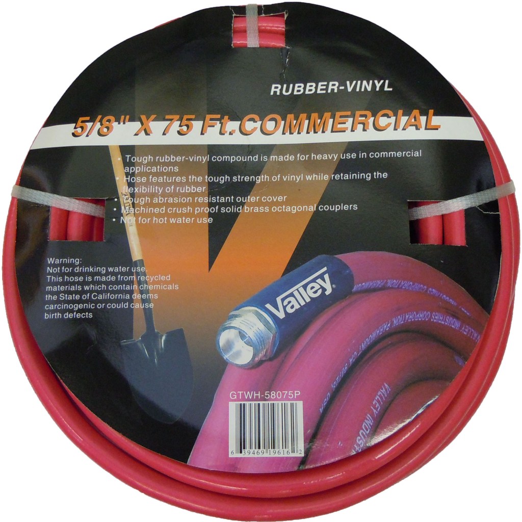 5/8" X 75 FT. VINYL/RUBBER WATER HOSE, HD BRASS FITTINGS, RED