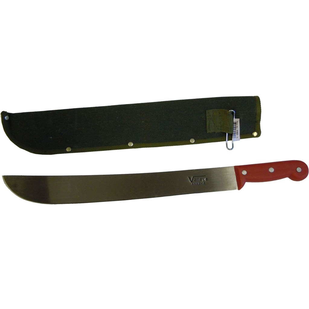 16" MACHETE WITH GREEN CANVAS SHEATH, RED GRIP
