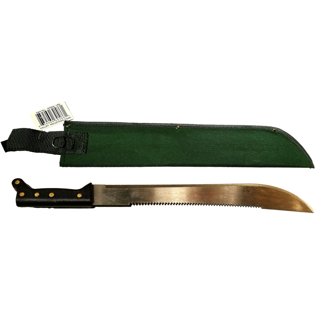 18" MACHETE - SAW BACK SPINE BLADE WITH GREEN CANVAS SHEATH, RED SHEATH