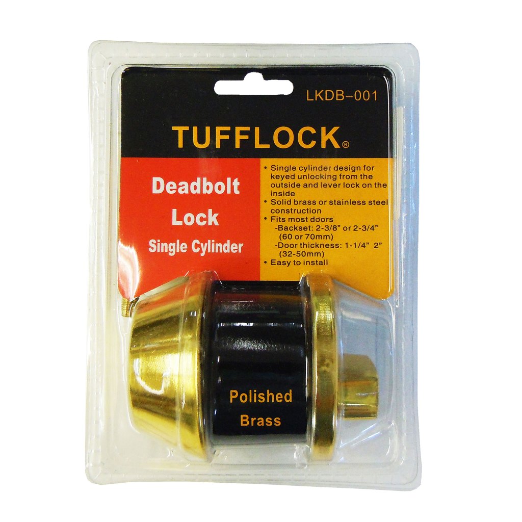 DEADBOLT LOCK, SINGLE CYLINDER, POLISHED BRASS (TUFFLOCK)