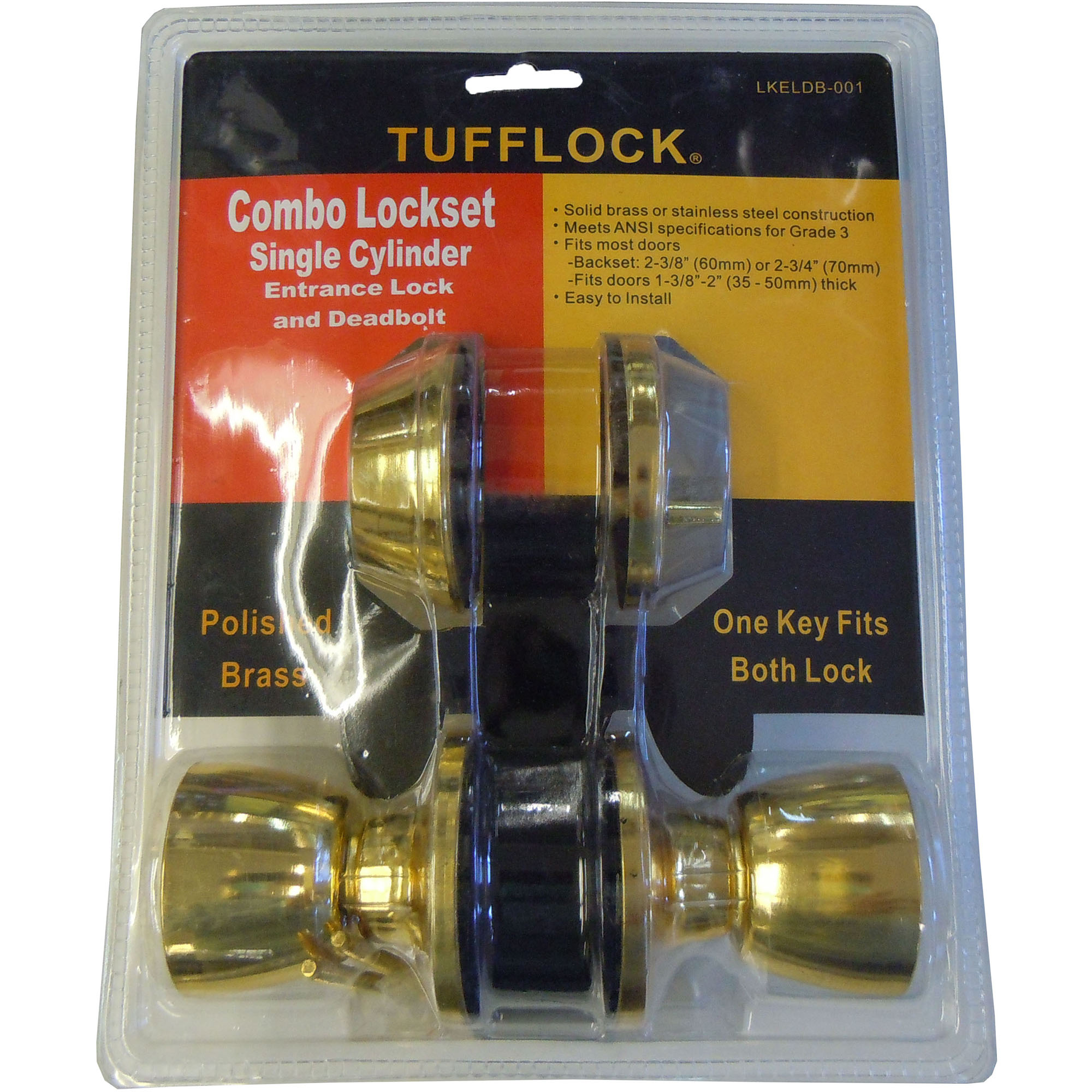 2 PC. COMBO DOOR LOCK, SINGLE, POLISHED BRASS (TUFFLOCK)