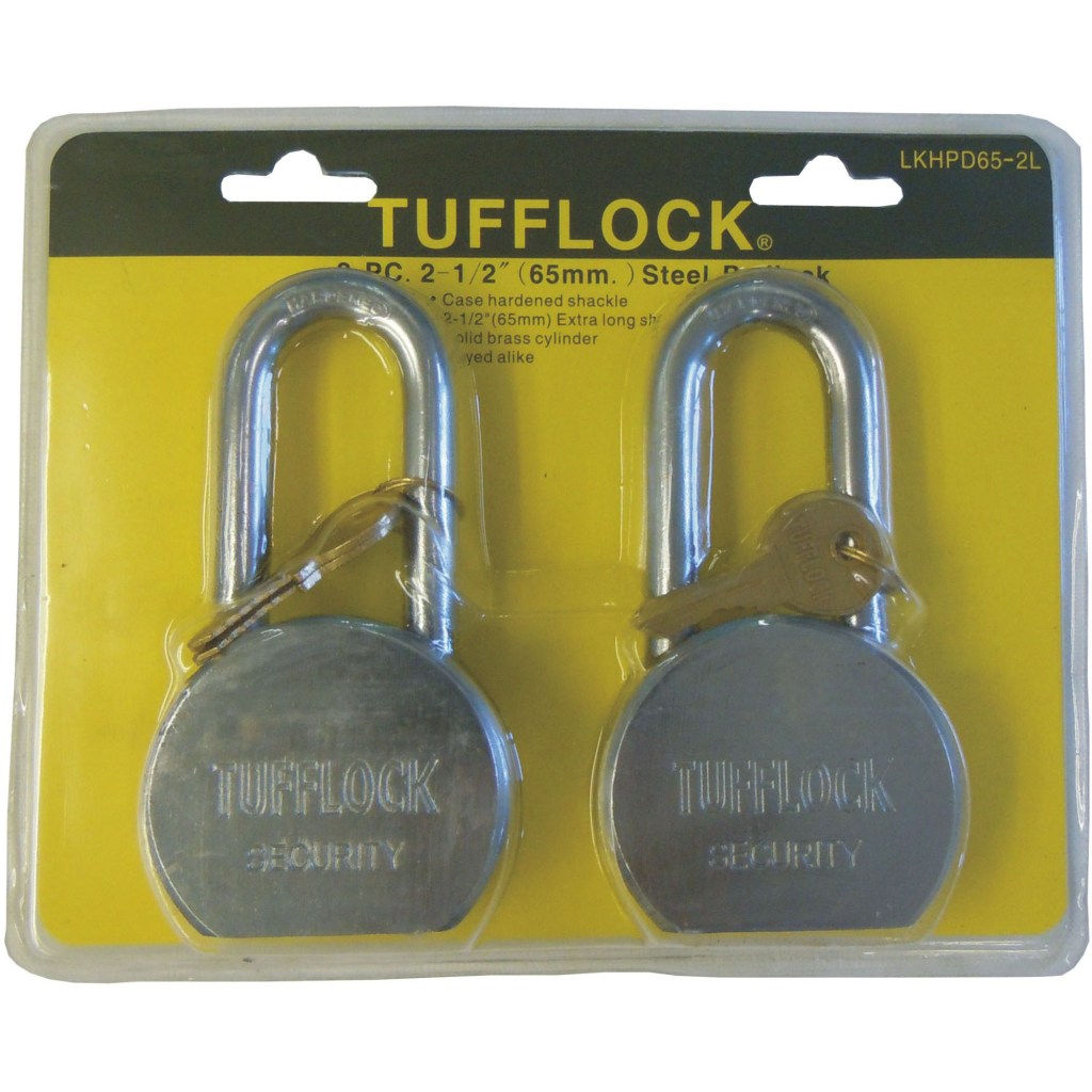 2 PC. 65 MM. HARD STEEL PADLOCK, LONG SHACKLE, KA, BLISTER PACK