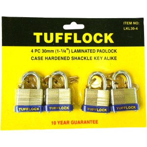 4 PC. 30 MM. LAMINATED LOCK, CARDED, KEYED ALIKE