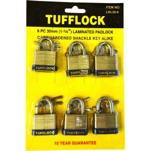 6 PC. 30 MM. LAMINATED LOCK, CARDED, KEYED ALIKE