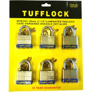 6 PC. 40 MM. LAMINATED LOCK, CARDED, KEYED ALIKE
