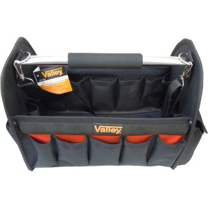 19 POCKET 15" NYLON TOOL TOTE WITH STRAP, RED/BLACK