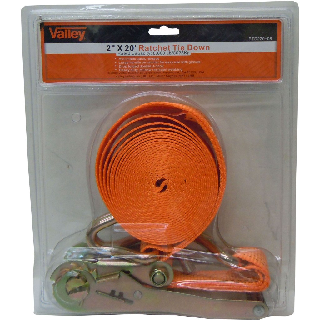 2" X 20 FT. RATCHET TIE DOWN, J-HOOK, 8,000 LB. CAPACITY
