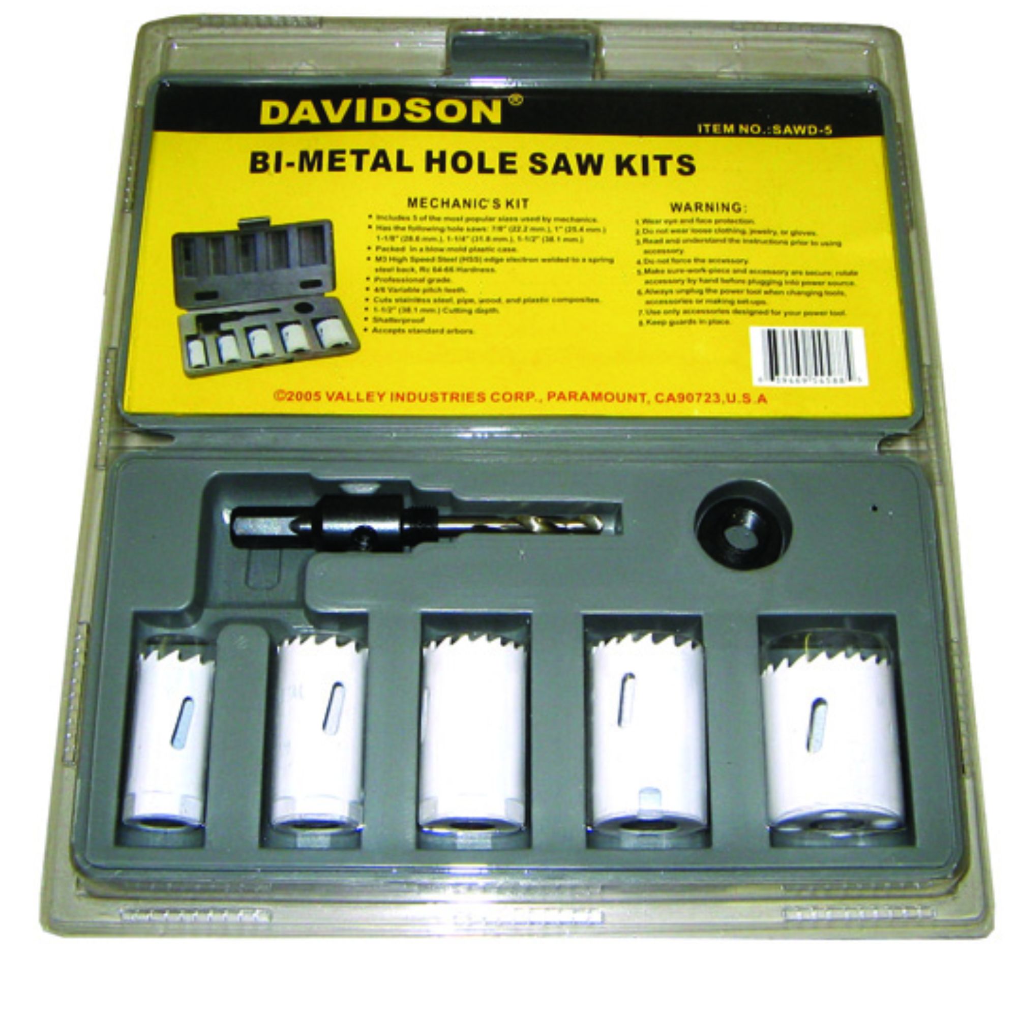 5 PC. BI-METAL HOLE SAW KIT (7/8" - 1.5"), BLOW MOLD CASE
