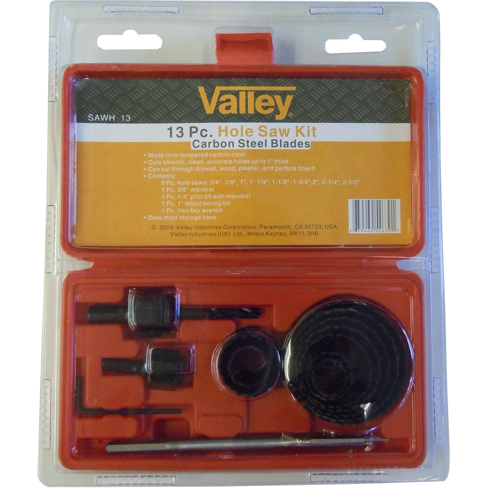 13 PC. HOLE SAW KIT, PVC BOX (3/4"-2 1/2"/1" DEPTH)