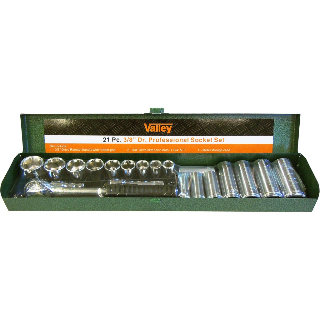 21 PC. 3/8" DR. SOCKET SET, METAL CASE, CR-V (MM)