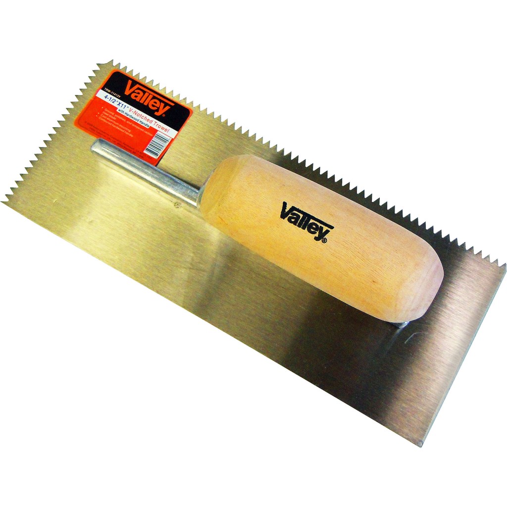 4.5" X 11" V-NOTCH TROWEL, WOOD HANDLE