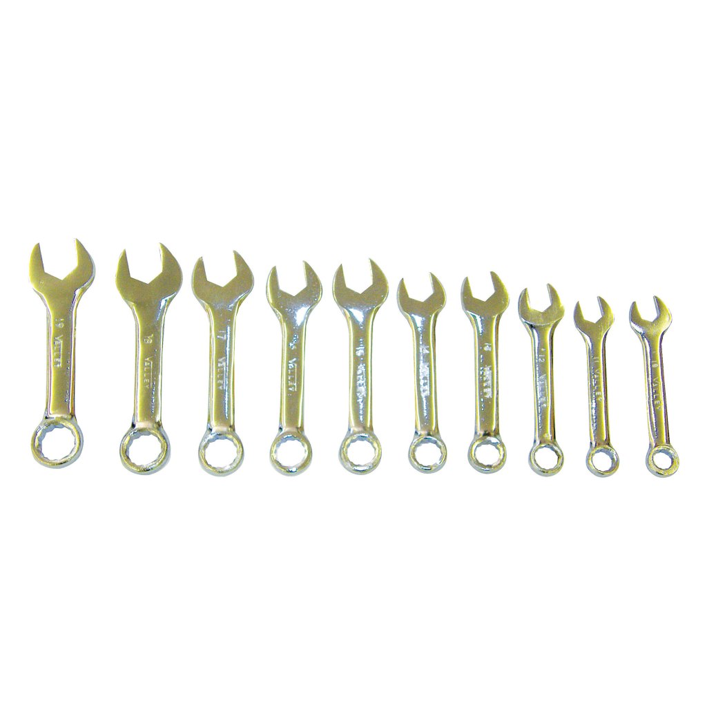 10 PC. STUBBY COMBINATION WRENCH SET, CR-V, 10-19 MM.