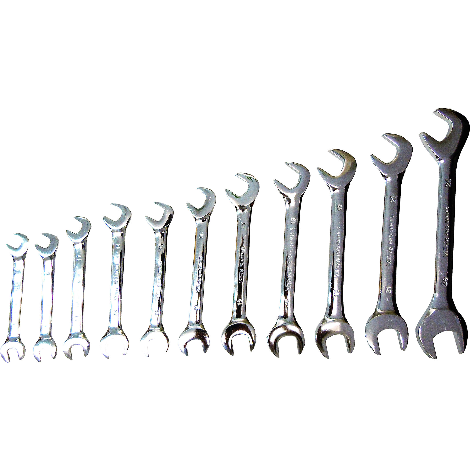 11 PC. ANGLE OPEN END COMBINATION WRENCH SET, CR-V, 9-24 MM .