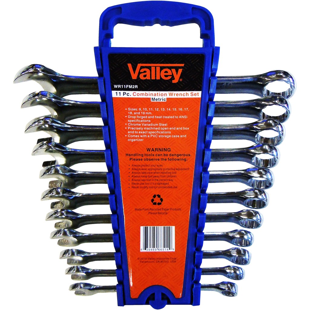 11 PC. COMBINATION WRENCH SET WITH RACK, CR-V, 9-19 MM.