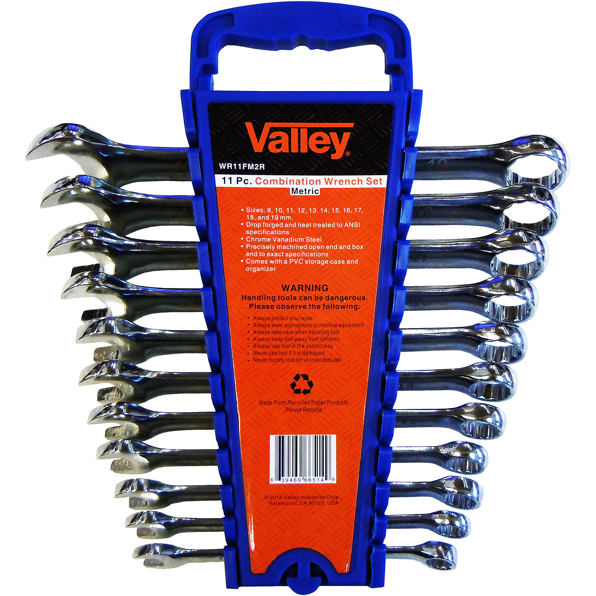 11 PC. COMBINATION WRENCH SET WITH RACK, CR-V, 9-19 MM.