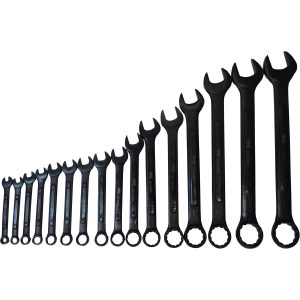 16 PC. COMBINATION WRENCH SET, RAISED PANEL, BLACK, 6-32 MM,, BLACK POUCH