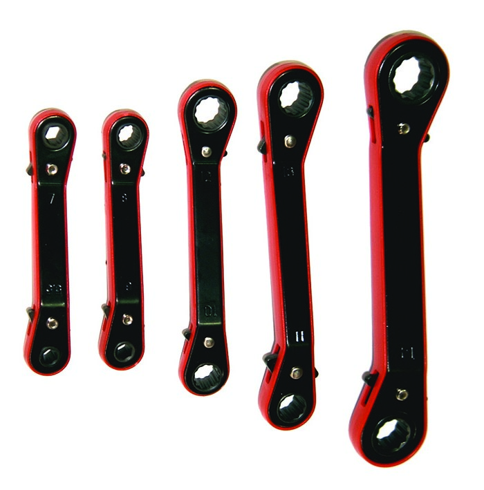 5 PC. OFFSET RATCHETING BOX WRENCH, PVC BODY, 5.5-17 MM.
