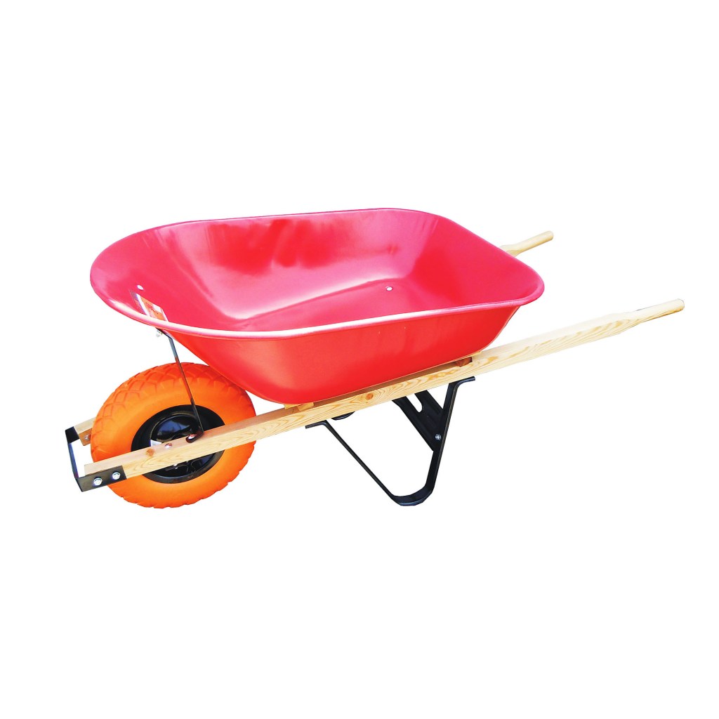 6 CUBIC FT. STEEL WHEELBARROW, FLAT FREE TIRE, 60" WOOD HANDLE