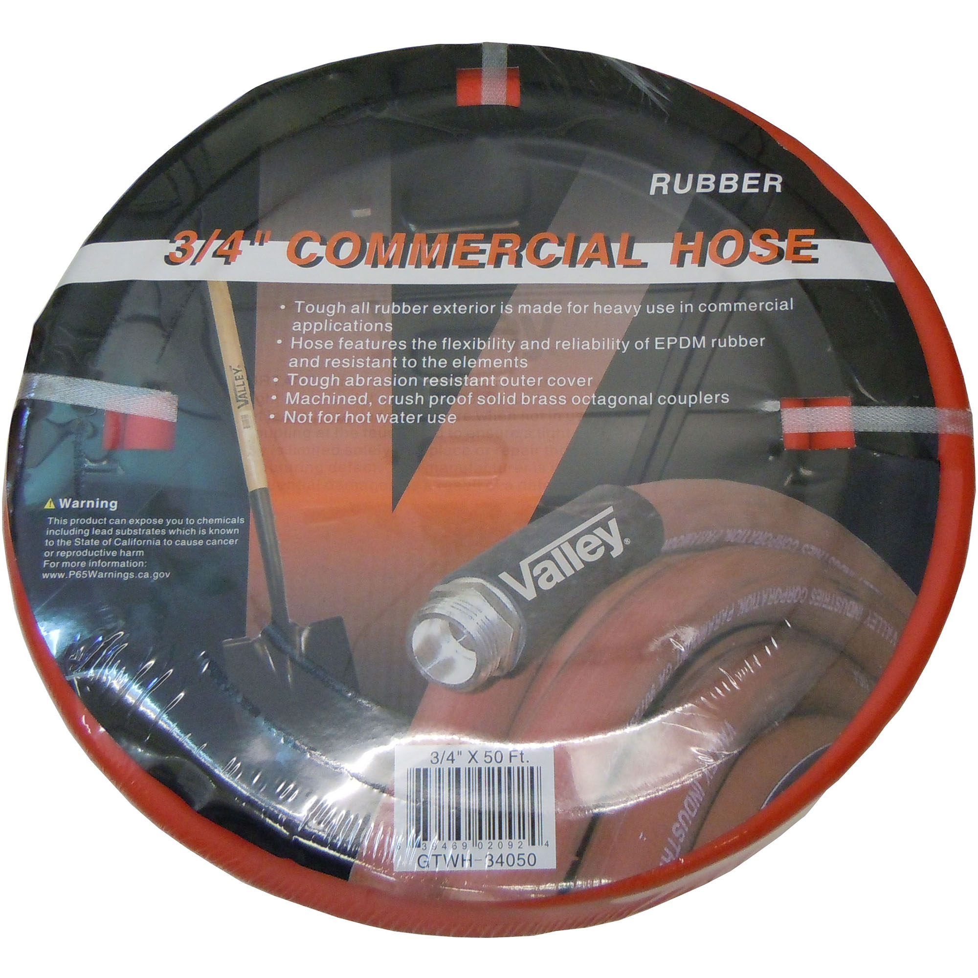 3/4" X 75 FT. RUBBER WATER HOSE, HD BRASS FITTINGS, RED