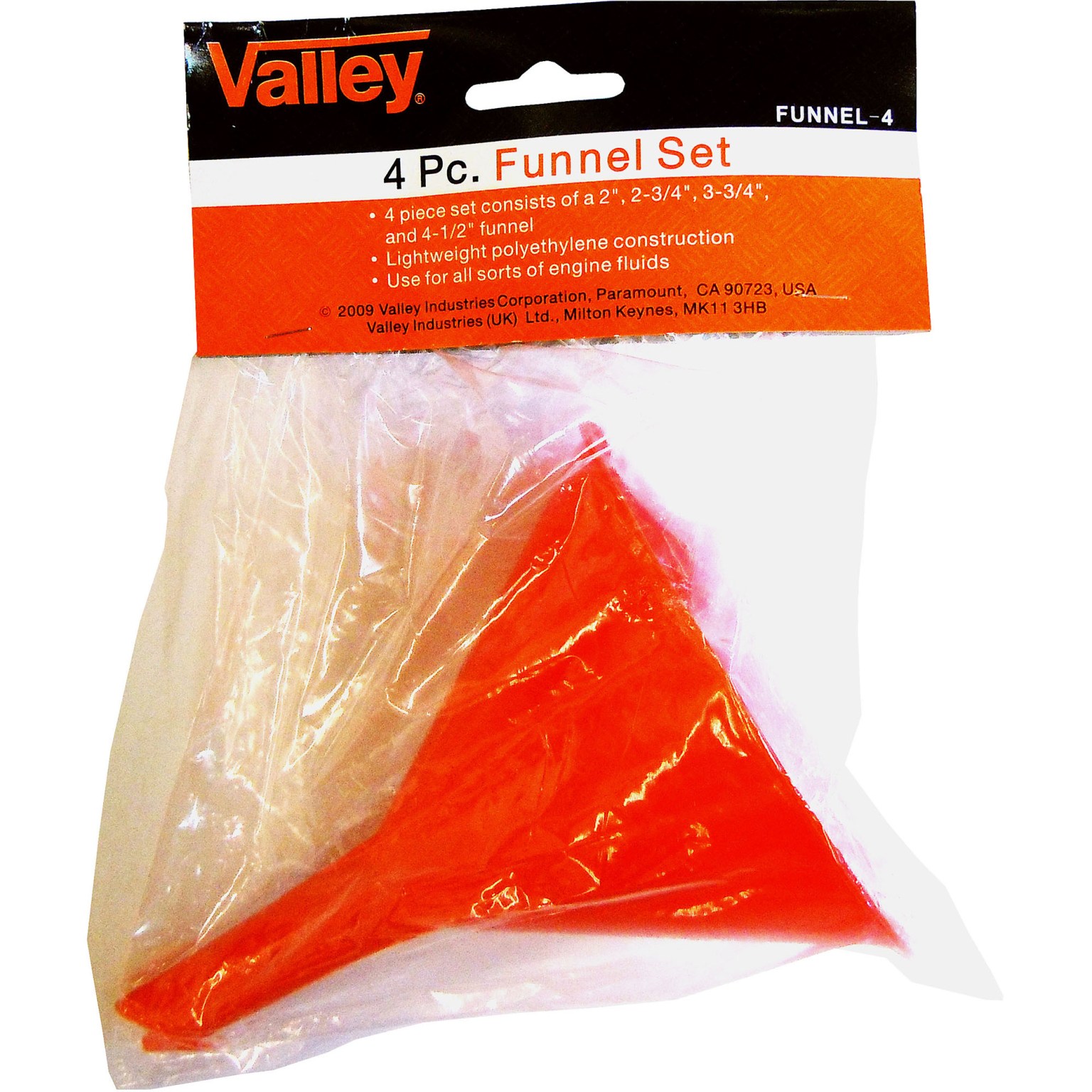 4 PC. PVC FUNNEL SET, SAFETY ORANGE - Valley Industries Corporation