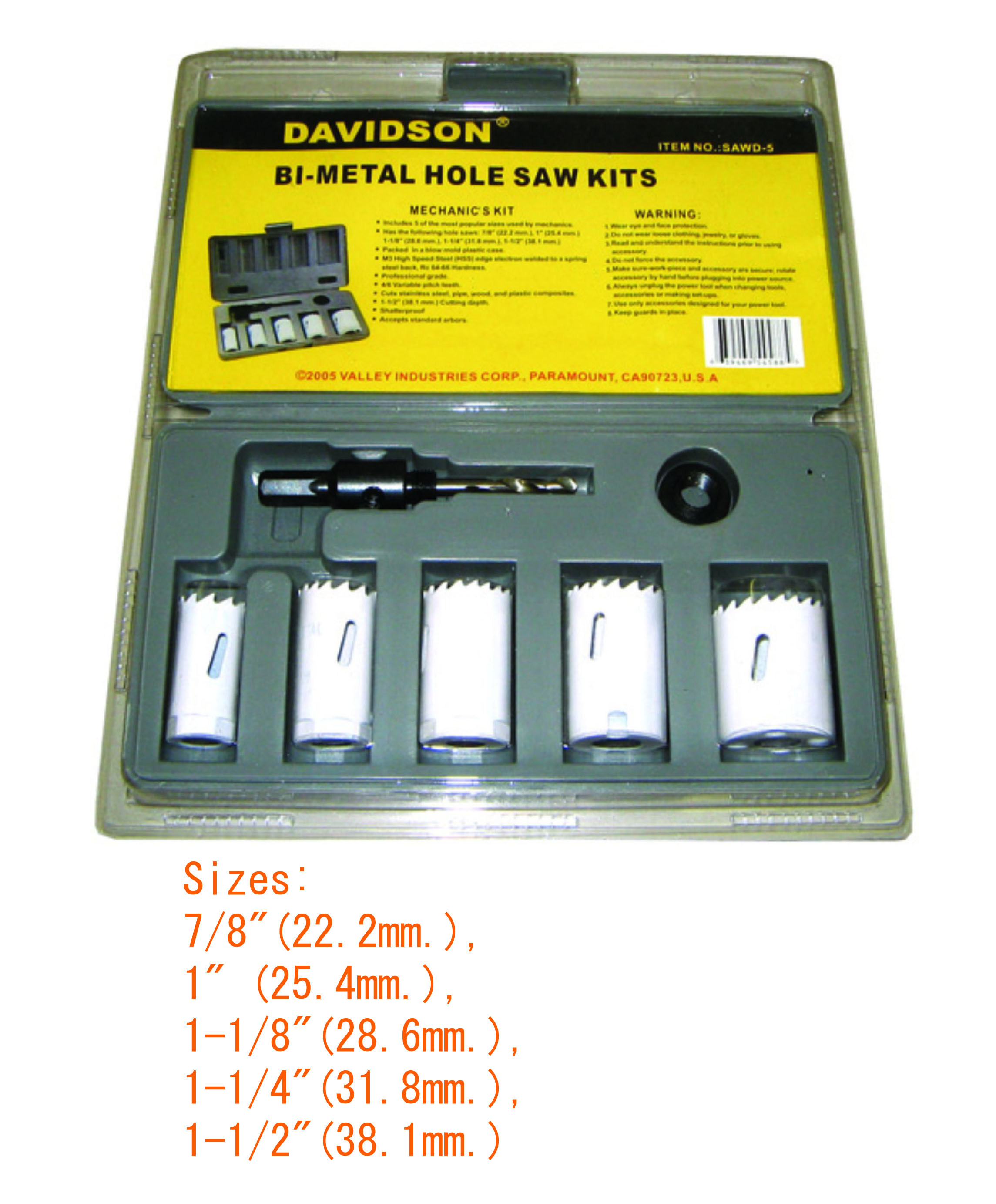 5 PC. BI-METAL HOLE SAW KIT (7/8" - 1.5"), BLOW MOLD CASE - Image 2