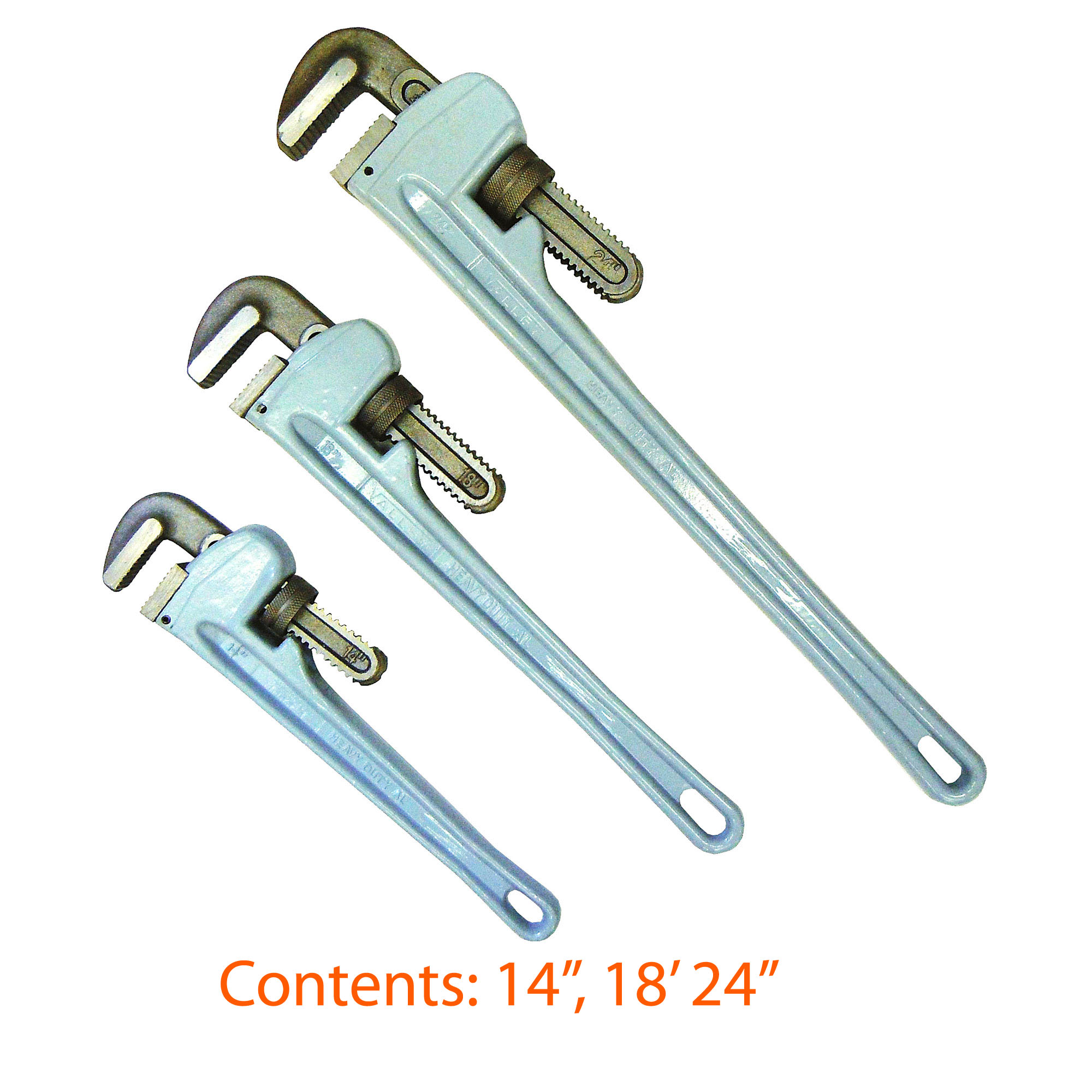 3 PC. ALUMINUM BODY PIPE WRENCH SET, 14"-18"-24", FORGED JAWS - Image 2
